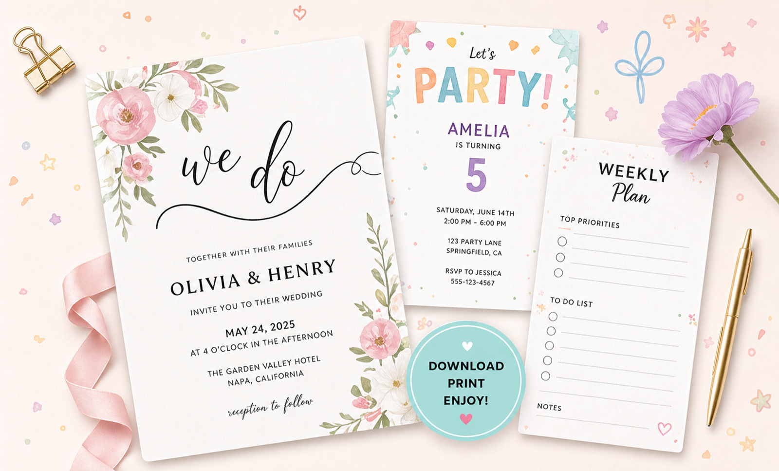 Pastel wedding, birthday and planner printables arranged with flowers
