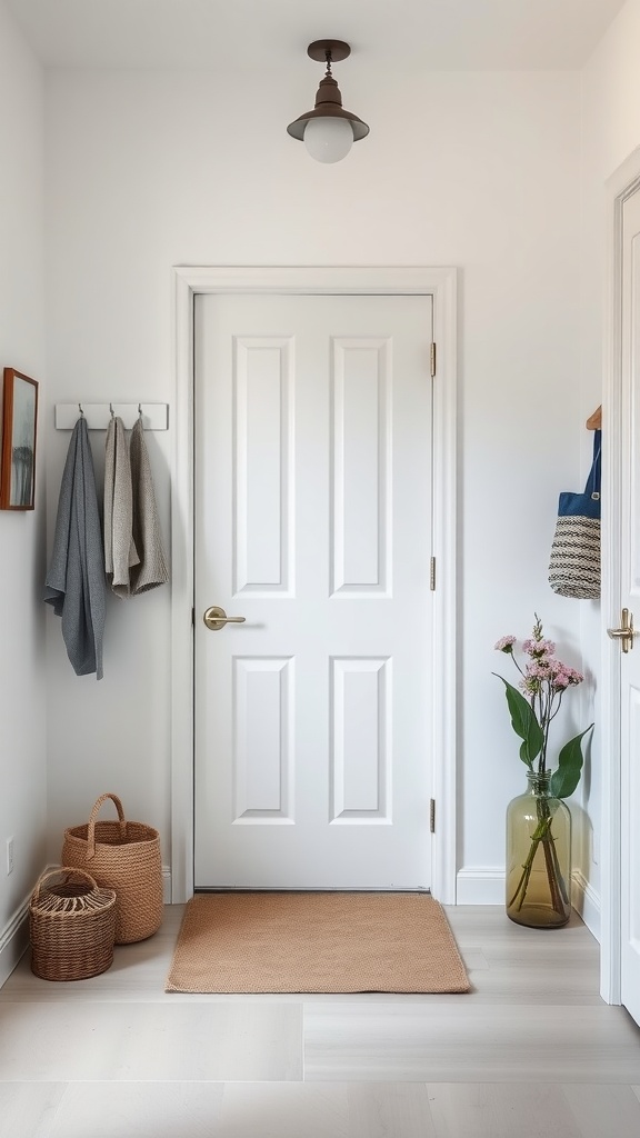 A minimalist entryway featuring a white door, light fixture, hooks for coats, woven baskets, and a decorative vase with flowers.