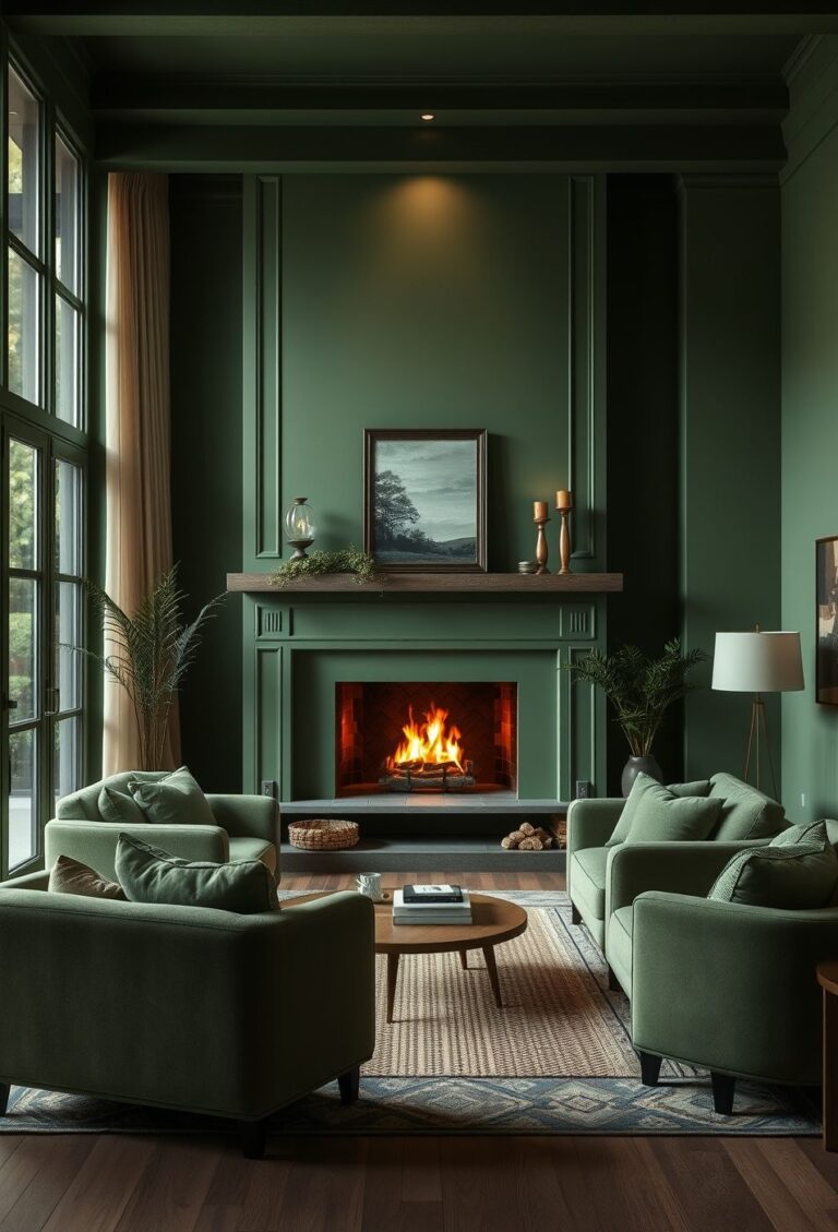 26 cozy green living room with fireplace